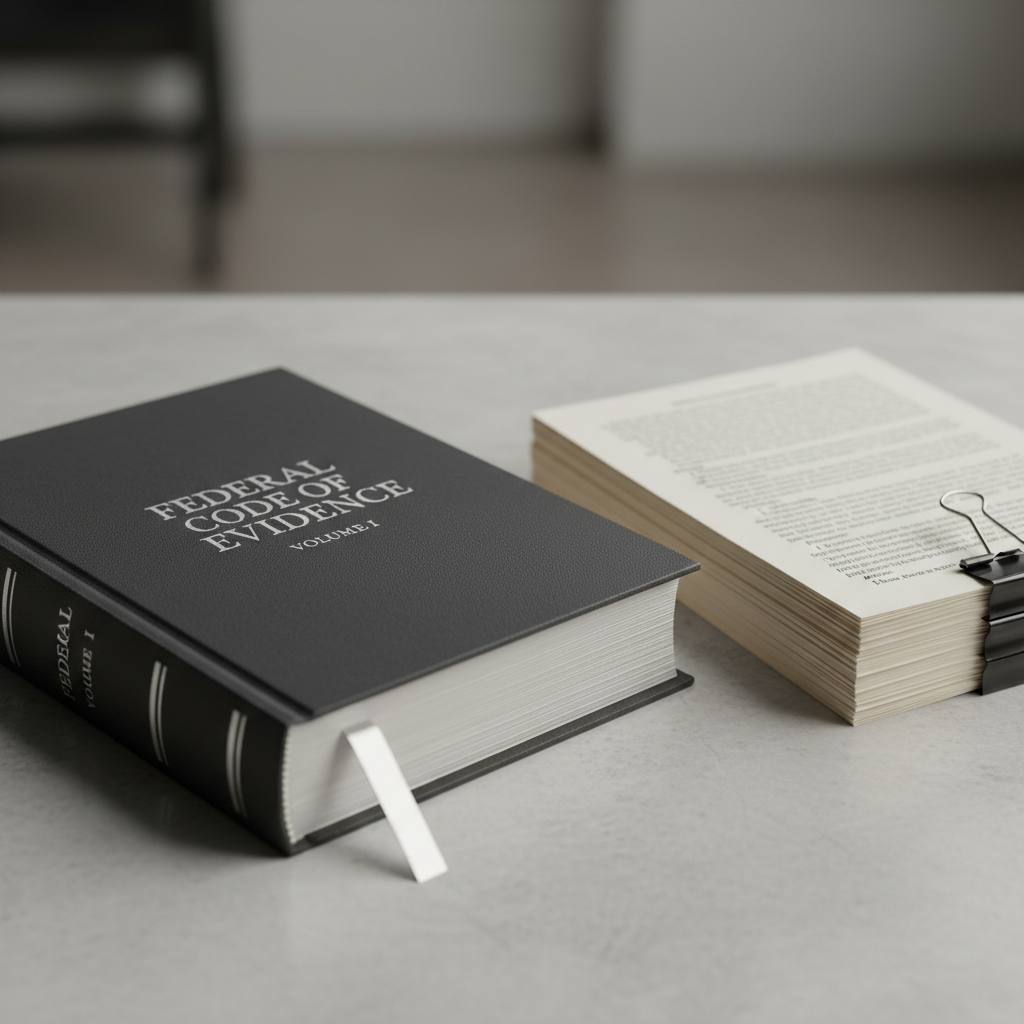 A close-up of an elegantly bound, dark charcoal legal code book with debossed silver lettering, open to a page of finely printed text, resting on a smooth, light stone surface. Beside it lies a structured stack of neatly clipped case summaries on ivory paper, and a minimalist metal bookmark aligned precisely with the book’s spine. Soft, directional studio lighting from the left creates gentle highlights on the metallic lettering and delicate shadows in the page texture. The background falls into a soft blur of neutral grey and beige tones. Shot at a shallow depth of field from a low, side angle, the mood is focused, refined, and methodical. The photographic realism and clean aesthetic evoke rigorous, detail-oriented legal analysis.