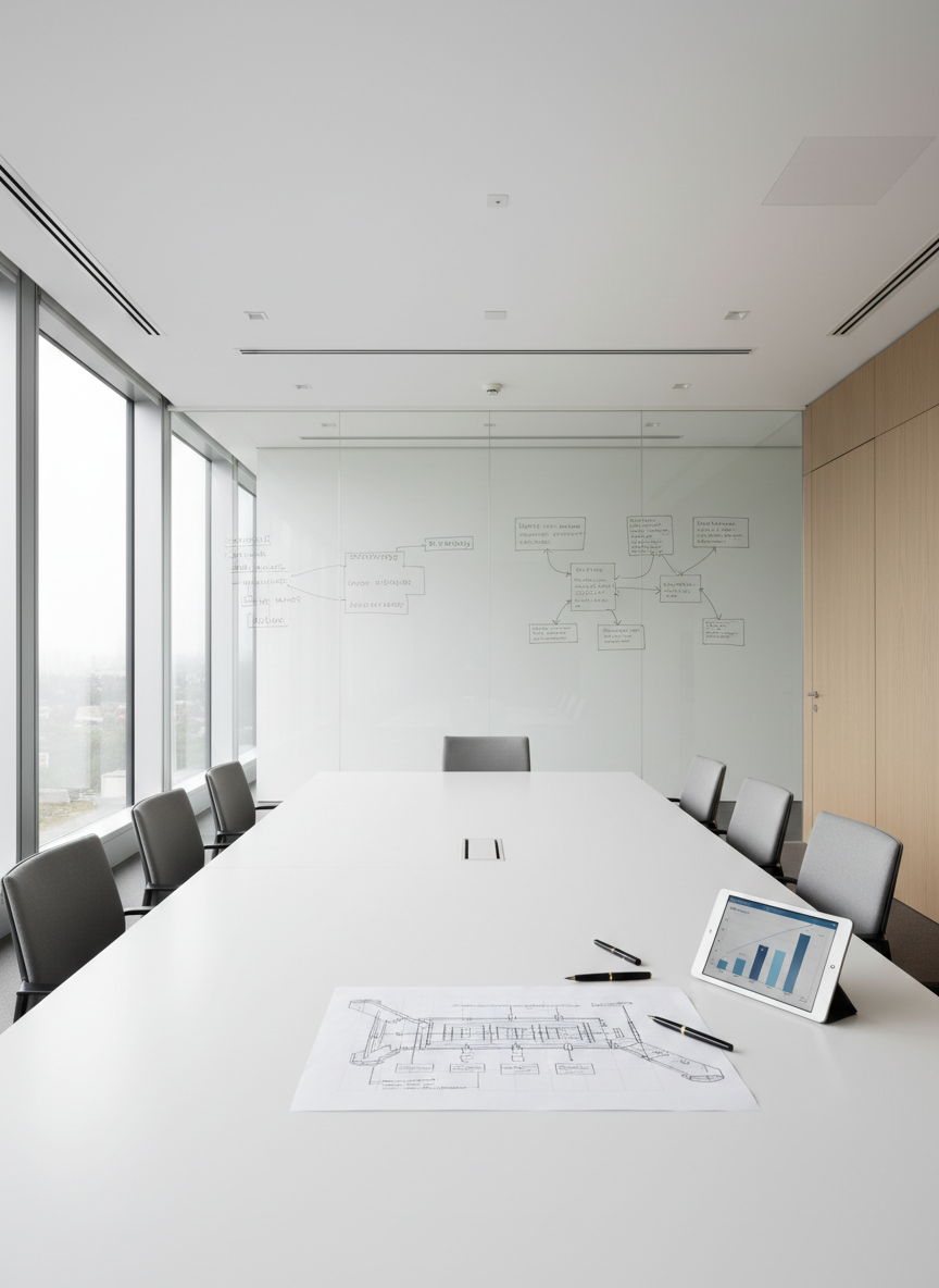A clean, expansive conference room table in matte white, displaying a carefully arranged set of legal documents, a structured flowchart printed on heavy paper, and a sleek graphite tablet showing a balanced bar graph in muted blues and greys. Along the far wall, a large frameless glass whiteboard is filled with neatly written legal strategies and arrows, all in subtle grey ink. Diffused overcast daylight pours through floor-to-ceiling windows, creating soft reflections on the glass and table surface. Captured from a slightly elevated, wide-angle perspective with a balanced composition, the space feels open, analytical, and collaborative. The photographic style is minimalist and corporate, underscoring strategic planning and comprehensive legal support for businesses.